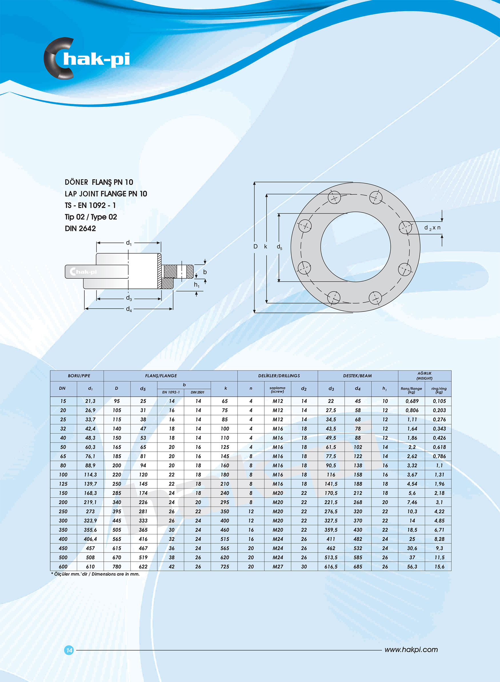Pn 10 Çelik Gevşek Flanş TS-EN 1092-1 / TİP 02 / DIN 2642