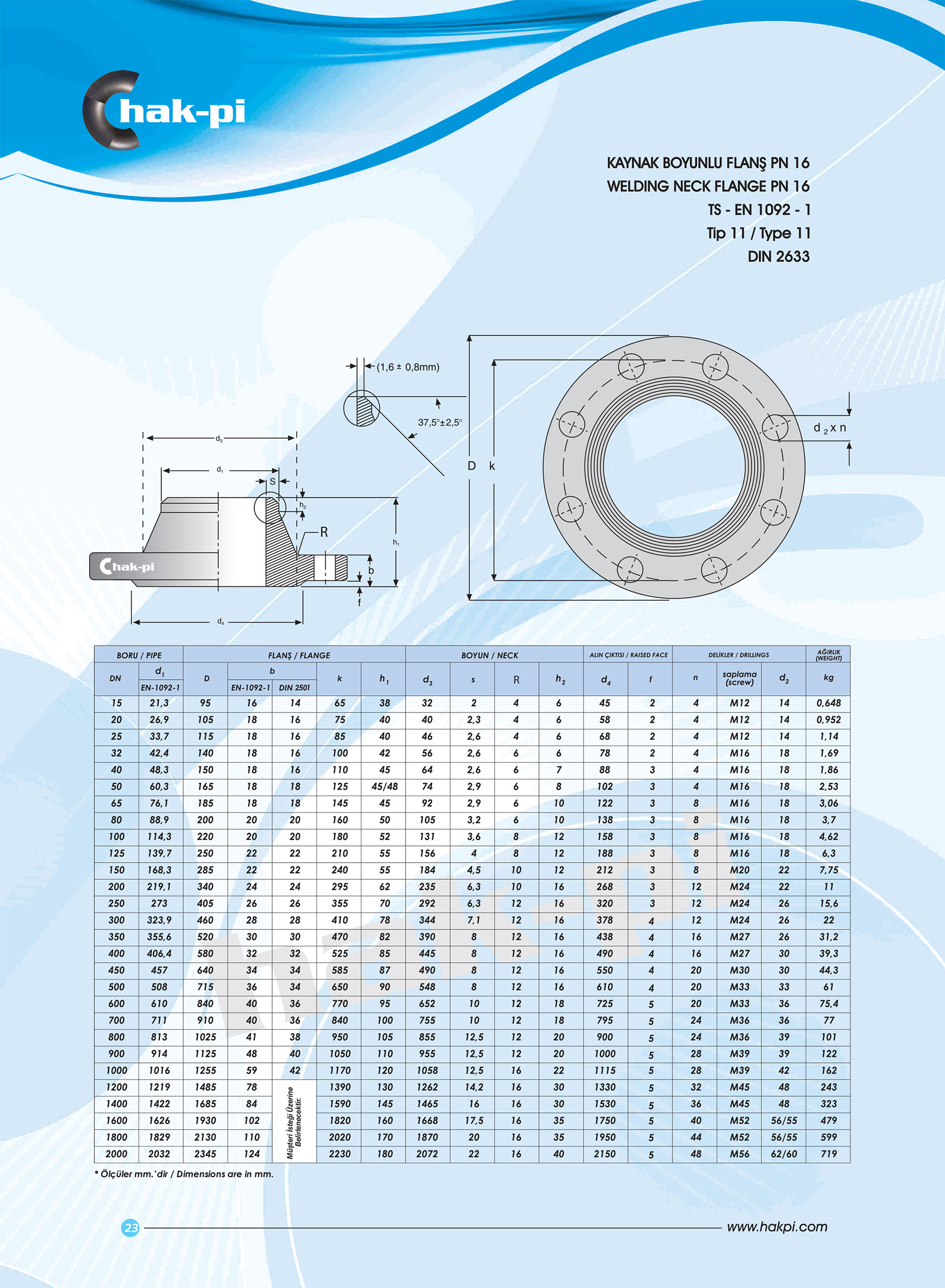Pn 16 Kaynak Boyunlu Flanş TS-EN 1092-1 / TİP 11 / DIN 2630