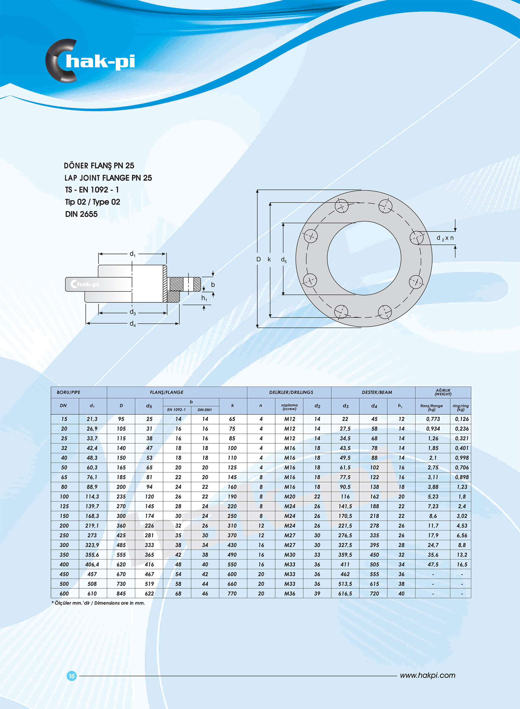 Pn 25 Çelik Gevşek Flanş TS-EN 1092-1 / TİP 02 / DIN 2642