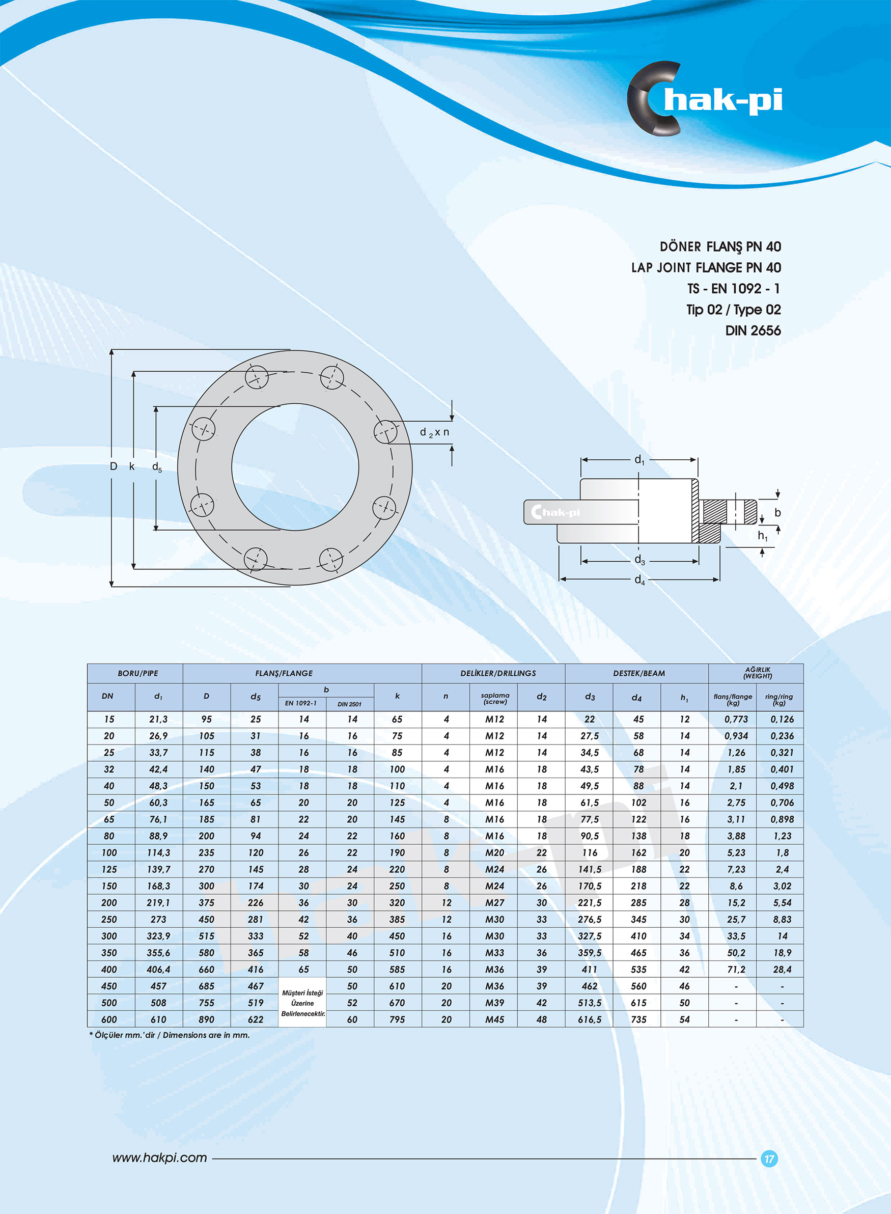 Pn 40 Çelik Gevşek Flanş TS-EN 1092-1 / TİP 02 / DIN 2642