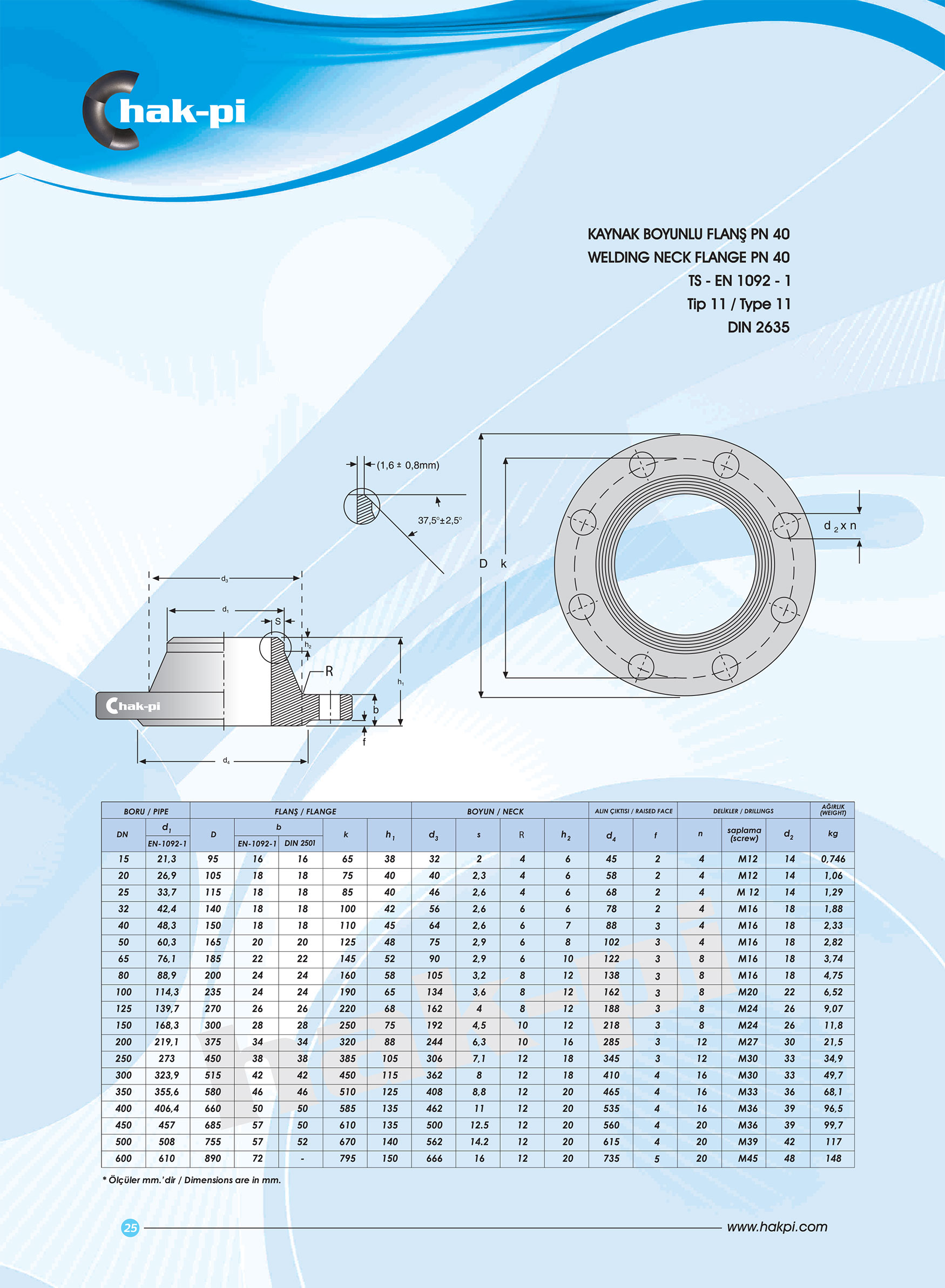 Pn 40 Kaynak Boyunlu Flanş TS-EN 1092-1 / TİP 11 / DIN 2630
