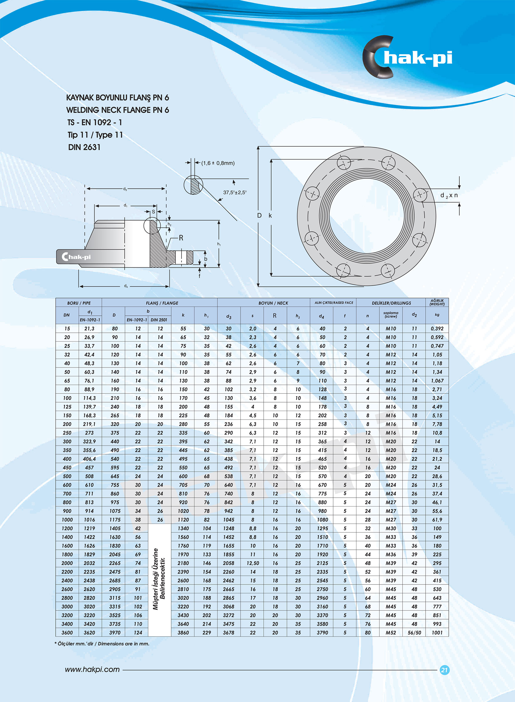 Pn 6 Kaynak Boyunlu Flanş TS-EN 1092-1 / TİP 11 / DIN 2630