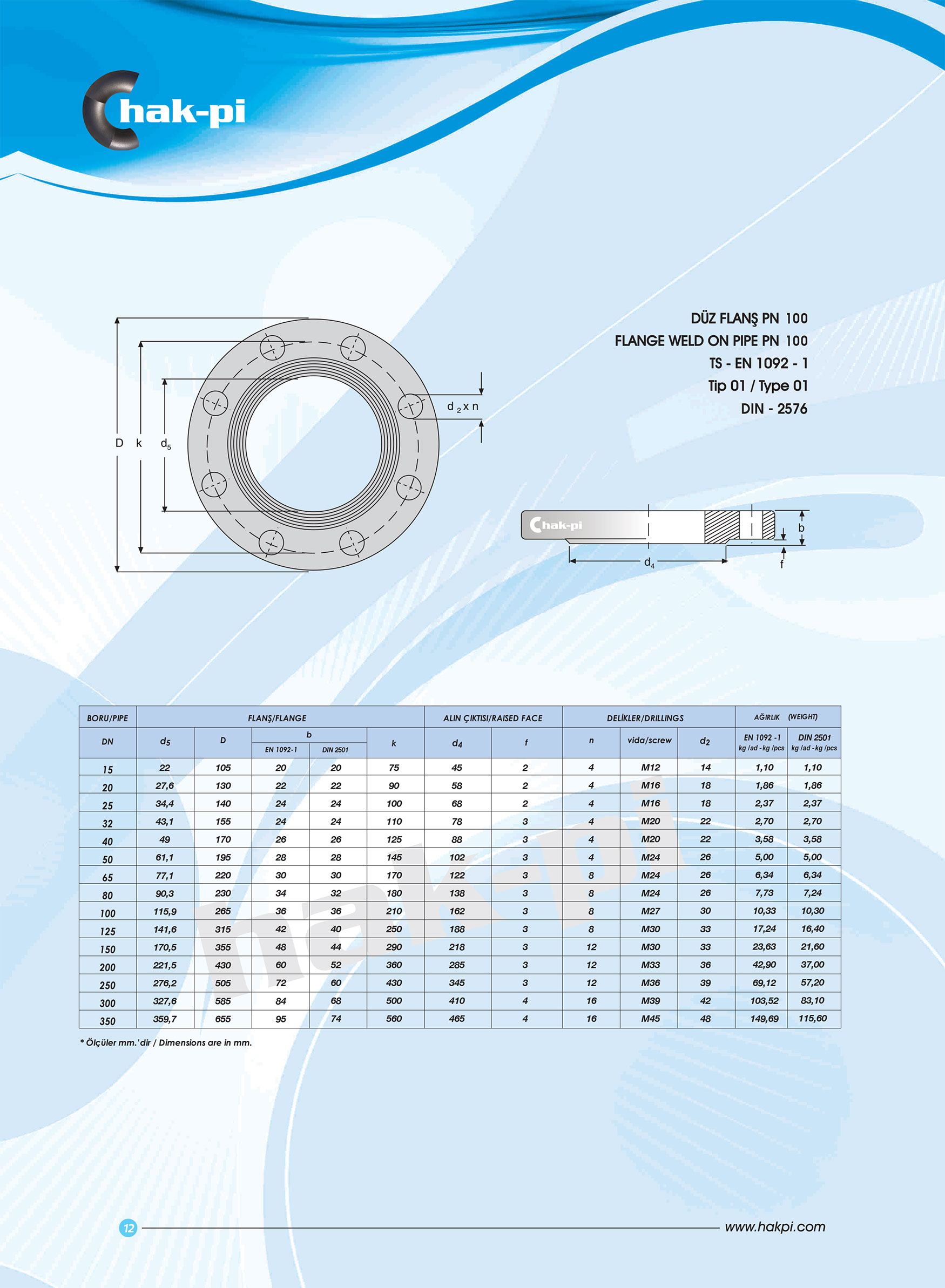 Pn 100 Çelik Düz Flanş TS-EN 1092-1 / TİP 01 / DIN 2576